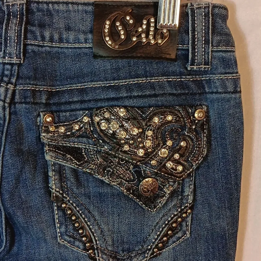 Cello Embellished Flap Pockets Stretch Denim Low Rise Jeans